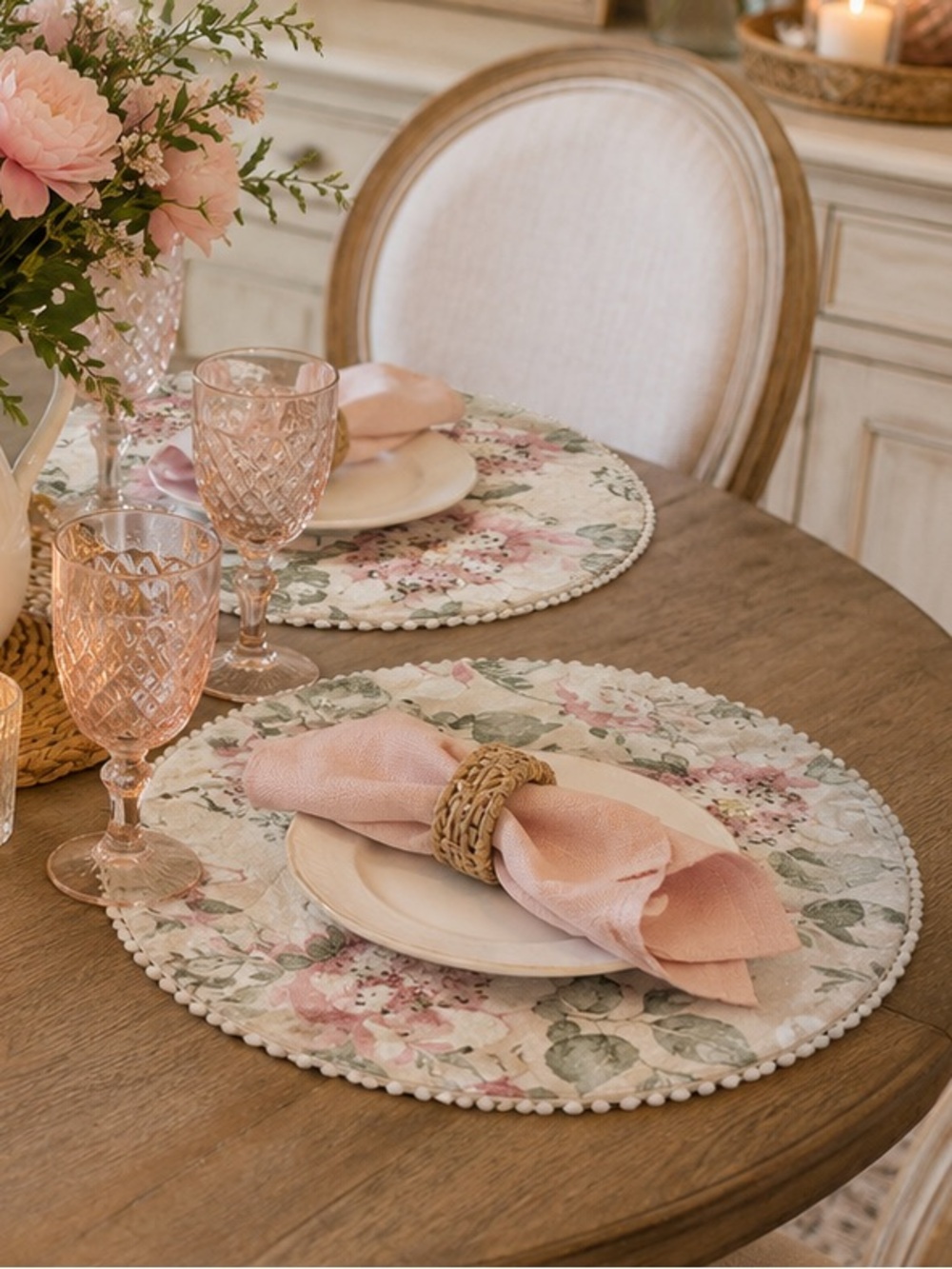 Mireille Designs Floral Beaded Round Scallopef Placemats Set of 4